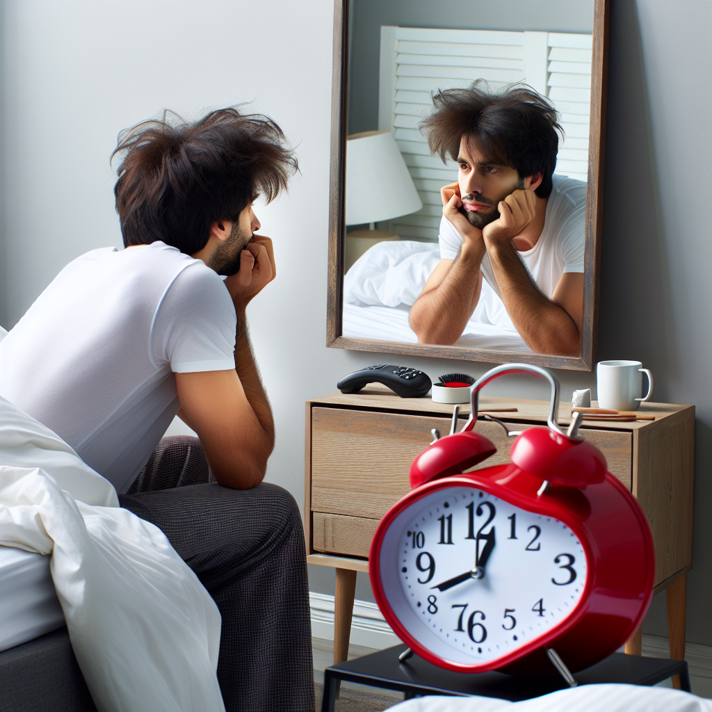 man lookingin a mirror with alarm clock