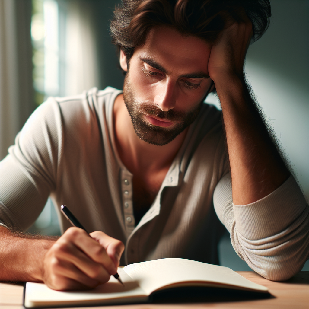 man writing a notebook